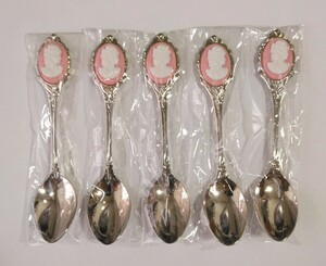  unused rare goods [ anonymity delivery * postage included ] cameo tea spoon 5 pcs set silver plating box less . antique 