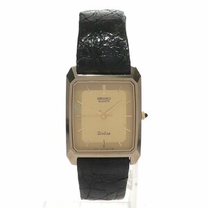 1円スタート 稼働品 SEIKO セイコー DOLCE ドルチェ 7731-5150 クォーツ スクエアフェイス 3針 革ベルト SS ゴールド文字盤 メンズ 腕時計