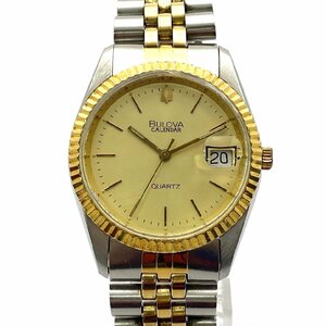 1円スタート 稼働品 BULOVA ブローバ CALENDAR カレンダー 1A44M デイト クォーツ QZ ラウンド コンビカラー ゴールド文字盤 メンズ 腕時計