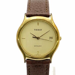 1円スタート 稼働品 TISSOT ティソ STYLIST スタイリスト F355 デイト クォーツ QZ ラウンドフェイス 3針 ゴールド文字盤 メンズ 腕時計の画像1