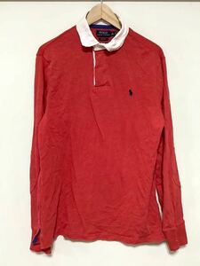 て1362 POLO RALPH LAUREN ラルフローレン ラガーシャツ 長袖ポロシャツ M レッド 175/96A カスタムフィット エルボーパッチ