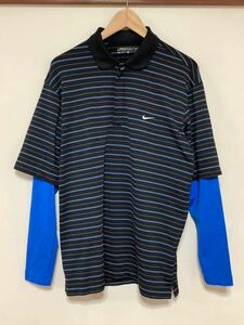 ね1321 NIKE GOLF ナイキゴルフ ボーダー 長袖シャツ L ブラック/ブルー レイヤード ロゴ刺繍 DRI-FIT 