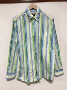 つ1351 Eddie Bauer エディーバウアー ストライプ 長袖シャツ S イエロー/ブルー