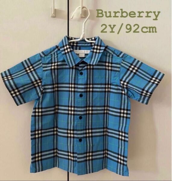 【中古品】　Burberry バーバリー　キッズ 半袖シャツ チェック柄 2y 92cm ブルー