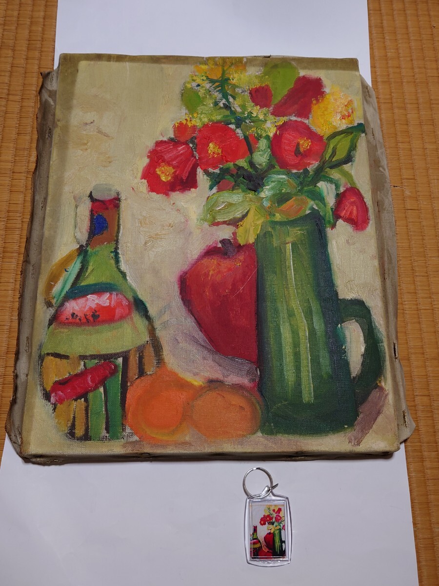 Artist unknown Oil painting No. 6 Flower Vase Fruit Bottle Original keychain included, Painting, Oil painting, Still life