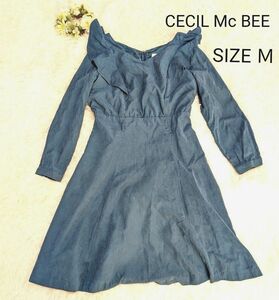 【中古品】CECIL Mc BEE　セシルマクビー　長袖　膝丈ワンピース　Ｍ　無地　ターコイズブルー　フリル　レディース