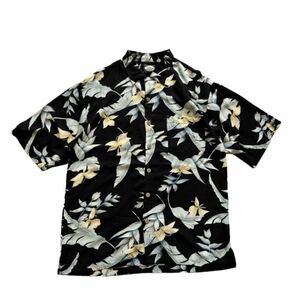 【90s】 00s Tommy Bahama トミーバハマ 半袖 アロハシャツ ハワイアン メンズ M 黒/ブラック 花柄 総柄 ボタニカル レーヨン 古着 USED