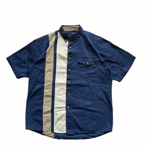 【Wrangler】 ラングラー 半袖 シャツ ボタンダウン コットン メンズ M 紺/ネイビー ウエスタン ワーク コットン アイボリー 古着 USED