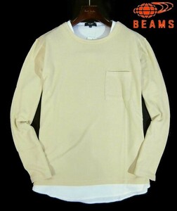 D月04854新品▼春 ビームス 梨地 レイヤード風 長袖カットソー 【 L 】 ロンT 長袖Tシャツ 重ね着 BEAMS くすみイエロー系