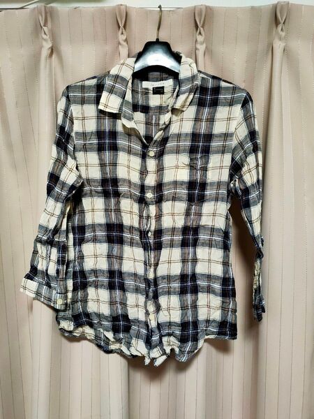 薄手 ジェットレーベル チェック シャツ ブラウス 7分袖 ベージュ 柄 長袖シャツ シワ加工