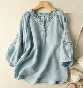  включение в покупку 1 десять тысяч иен бесплатная доставка #M-2XL размер # сверху товар блуза женский 7 минут рукав туника вышивка . хлопок лен рубашка свободно симпатичный взрослый tops # голубой 