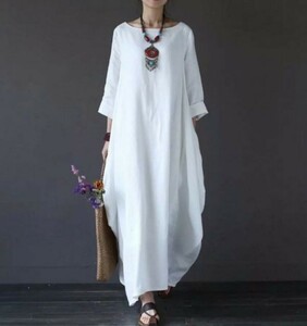 M~4XL size # autumn new goods casual body type cover wonderful plain cotton flax large size easy long sleeve maxi long One-piece * white 