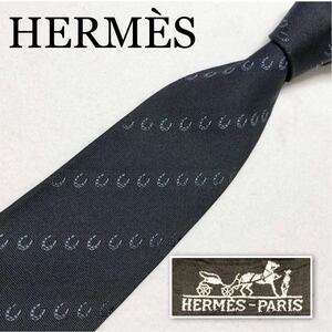 ■美品■HERMES エルメス　ネクタイ　レジメンタルストライプ　馬蹄　ひづめ　総柄　シルク100% フランス製　ブラック　ビジネス