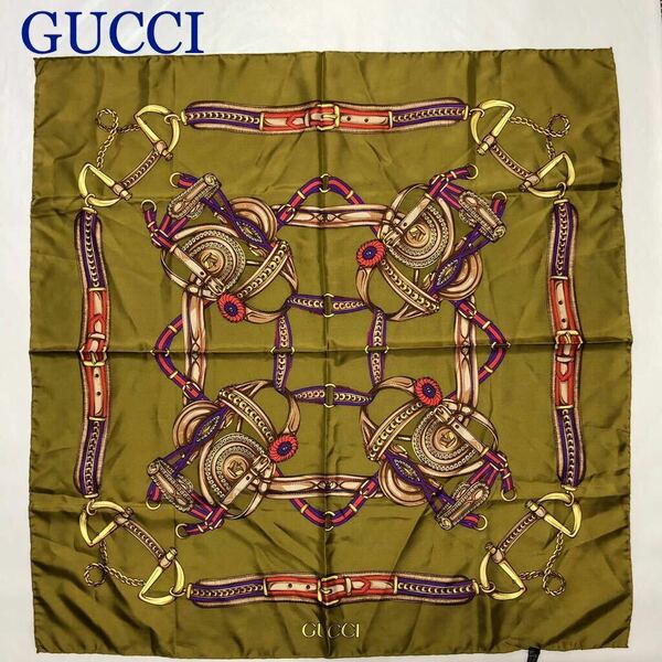 ■美品■GUCCI グッチ　大判スカーフ　ベルト　金具　シルク100% イタリア製　カーキ