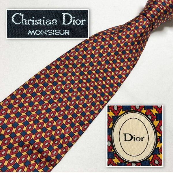 ■美品■Christian Dior クリスチャンディオール　ネクタイ　花柄　四角　総柄　シルク100% イタリア製　レッド×イエロー×ブルー