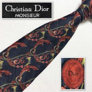 ■美品■Christian Dior クリスチャンディオール　ネクタイ　装飾　総柄　シルク100% フランス製　ダークネイビー