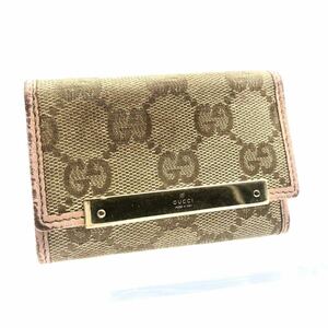 GUCCI グッチ　GGキャンバス×レザー ロゴプレート　キーケース　6連　ベージュ×ピンク　ゴールド金具　イタリア製　刻印あり