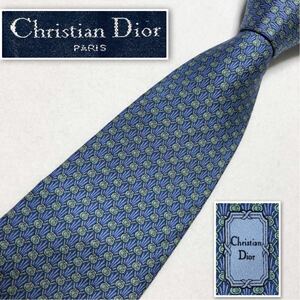 ■美品■Christian Dior クリスチャンディオール　ネクタイ　CDロゴ　格子　総柄　シルク100% フランス製　ライトブルー×ライトグリーン