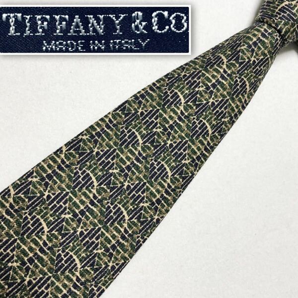■美品■TIFFANY&Co. ティファニー　ネクタイ　チェック　格子　サークル　シルク100% イタリア製　ブラック×ベージュ×グリーン