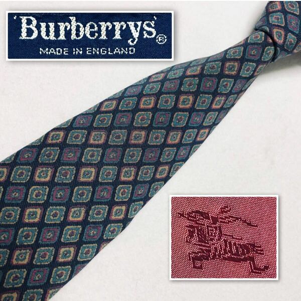 ■美品■Burberrys バーバリー　ネクタイ　スクエア　総柄　シルク100% 英国製　ブルー系　ビジネス
