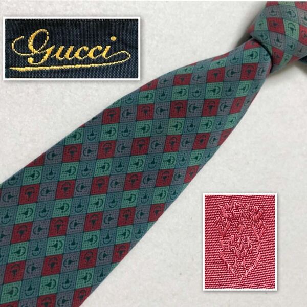 GUCCI グッチ　ネクタイ　格子　鎧　あぶみ　総柄　シルク100% イタリア製　グリーン系×レッド　ビジネス