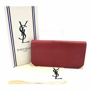 ■外観良品■Yves saint Laurent イヴサンローラン　三角プレート　YSLロゴ型押し　がま口長財布　レザー　レッド　ゴールド金具　箱付き