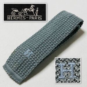 ■美品■HERMES エルメス　ニットタイ 刺繍ロゴ　Hロゴ　H柄　シルク100% 青緑　ビジネスカジュアル