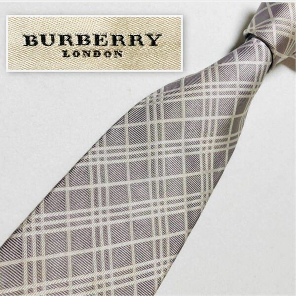 ■本国タグ■BURBERRY LONDON バーバリーロンドン　ネクタイ　ノバチェック風　シルク100% イタリア製　シルバー系　ビジネス