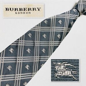 ■本国タグ■BURBERRY LONDON バーバリーロンドン　ネクタイ　ホースマーク　チェック　総柄　シルク100% イタリア製　グレー　ビジネス