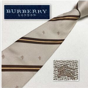 ■美品■BURBERRY LONDON バーバリーロンドン　ネクタイ　ロゴ刺しゅう　ホースマーク×レジメンタルストライプ　シルク100% イタリア製