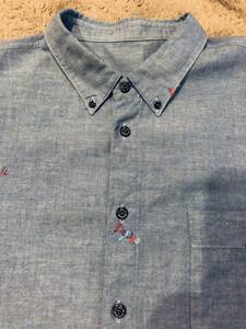 パパス　papas ボタンダウンシャツ　ブルー　半袖　刺繍入り　サイズL　コットン１００％