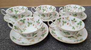 【YYD3276OM】1円～ 中古 WEDGWOOD ウェッジウッド WILD STRAEBERRY ワイルドストロベリー カップ＆ソーサー 5客セット 食器 コレクション