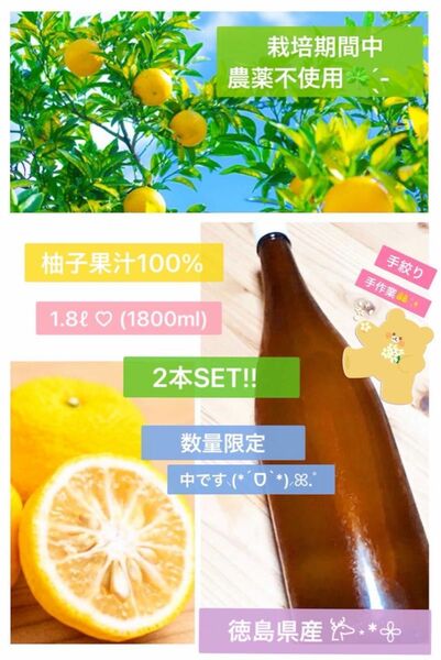 数量限定！【2本！柚子酢 柚子果汁 1800ml(一升瓶)】栽培期間中農薬不使用