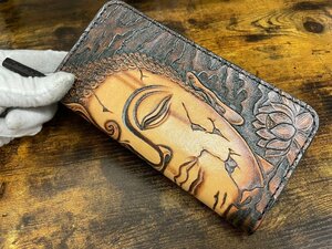 Art hand Auction Three-dimensional effect made by top leather craftsmen Buddhama Ichinen Genuine Leather Engraved Carving Long Wallet Tanned Leather Handmade Hand-dyed Round Zipper Men's Wallet, wallet, Men's, Long wallet (with coin purse)