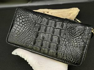 定価9.8万円 カード入れx24 新品 クロコダイル 背革製 ワニ革 長財布 本物 ラウンドファスナー メンズ財布 ブラック 黒