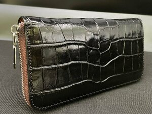 1円 新品 センター腹革 クロコダイル ワニ革 長財布 本物 ラウンドファスナー メンズ財布 一枚革 小銭入れあり 実物写真 ブラック