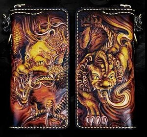Art hand Auction Top quality three-dimensional genuine leather made by top leather craftsmen Shenron sculpture carving long wallet tanned leather handmade hand dyed round zipper men's wallet, wallet, Men's, Long wallet (with coin purse)