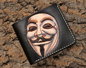 Art hand Auction V for Vendetta, a three-dimensional feel made by top leather craftsmen, genuine leather, carved carving, bi-fold wallet, tanned leather, handmade, hand-dyed, men's wallet, wallet, Men's, Bi-fold wallet (no coin purse)