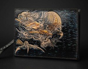 Art hand Auction Shenron 3D sculpture carving second bag made by top leather craftsmen Genuine leather handmade hand dyed clutch bag Men's cowhide leather bag New, fashion, mens bags, second bag