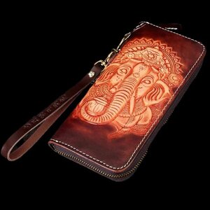 Art hand Auction Three-dimensional Ganesha genuine leather carved carving long wallet tanned leather handmade hand dyed round zipper men's wallet made by top leather craftsmen, wallet, Men's, Long wallet (with coin purse)