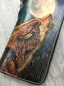 Art hand Auction Three-dimensional effect made by top leather craftsmen, wolf, genuine leather, carved carving, long wallet, tanned leather, handmade, hand-dyed, round zipper, men's wallet, wallet, Men's, Long wallet (with coin purse)