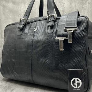 【限定品 大容量 美品】GIORGIO ARMANI ジョルジオアルマーニ ボストンバッグ 2way レザー クロコ パイソン メンズ ビジネス A4 斜め掛け