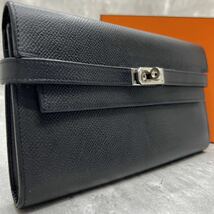 【希少品 極美品】エルメス HERMES 長財布 ケリーウォレット ロング エプソン レザー ターンロック シルバー金具 メンズ レディース 黒_画像1