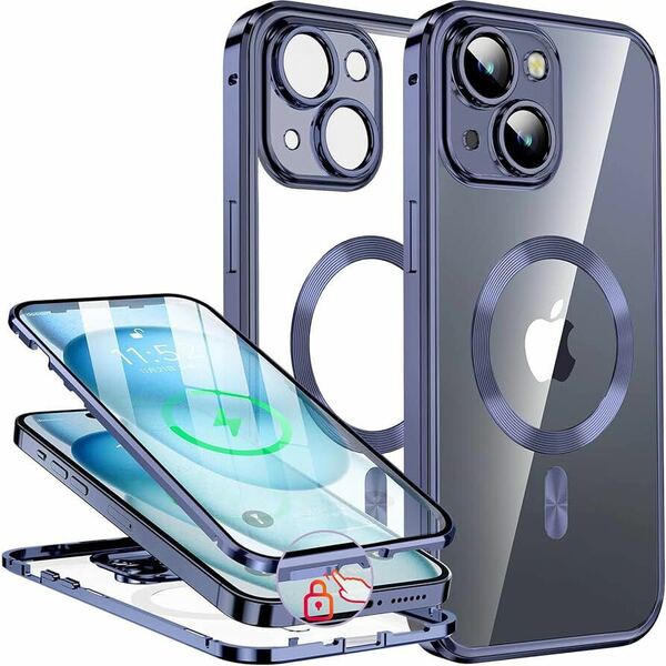2312315☆ 【押さえロック式&本体の色・CDループ】iPhone15 用 ケース 「両面ケース＋マグセーフ対応」「一体型レンズ保護カバー」 