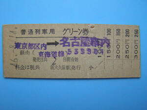 (Z361)24 切符 鉄道切符 硬券 乗車券 普通列車用 グリーン券 東京 → 名古屋 46-8-14 