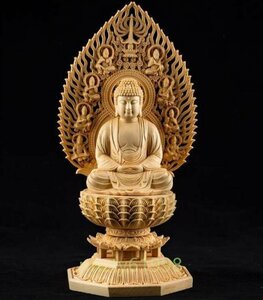 新入荷☆総檜材　仏教工芸品　高さ28cm木彫仏教　精密彫刻　阿弥陀如来座像