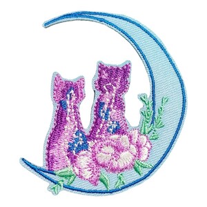 T-25【 アイロンワッペン 】 刺繍ワッペン アップリケ リメイク 月 三日月 ムーン MOON 猫 ネコ cat キャット 花 フラワー Flower