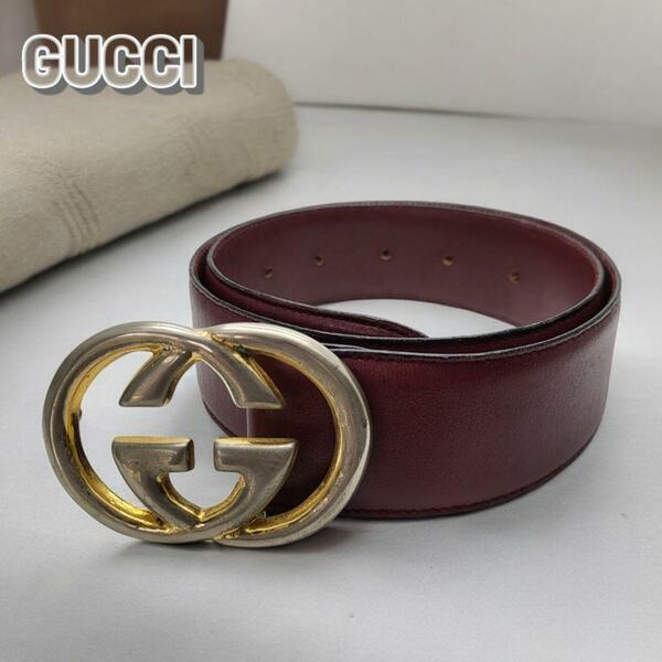 GUCCI グッチ ベルトGGバックル 太め レザー ワインレッド