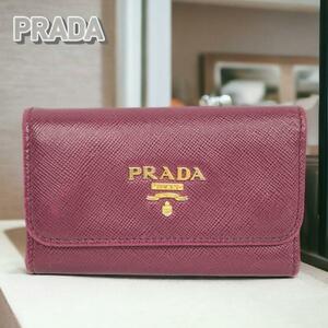 PRADA プラダ キーケース 三つ折り ロゴ レザー マゼンタ 箱付き