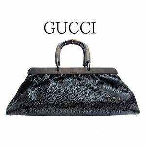 【希少】GUCCI グッチ ハンドバッグ ボストンバッグ ウッドハンドル レザー ブラック 黒 105164 【送料無料】